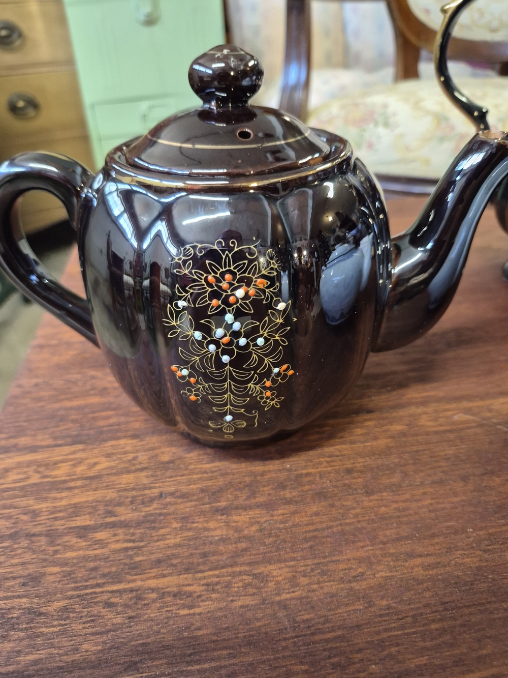 Black Ceramic Teapot with Gold and Orange Floral Motif Vintage